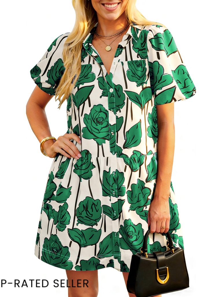 Puff Sleeve Mini Dress Floral Print Button Down Casual Boho Beach Sundress